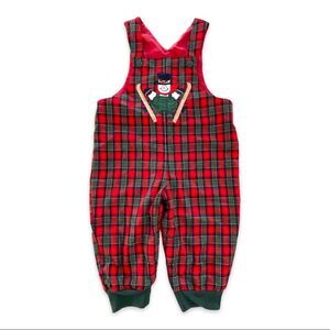 Red & Green Plaid One Piece Romper w/Appliquéd Snowman Top Buttons Bottom Snaps